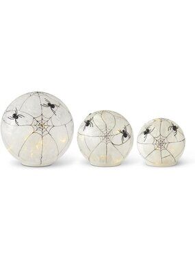 Frosted Glass Spider Web Globes with LED Lights - Set of 3 Decorative Accents